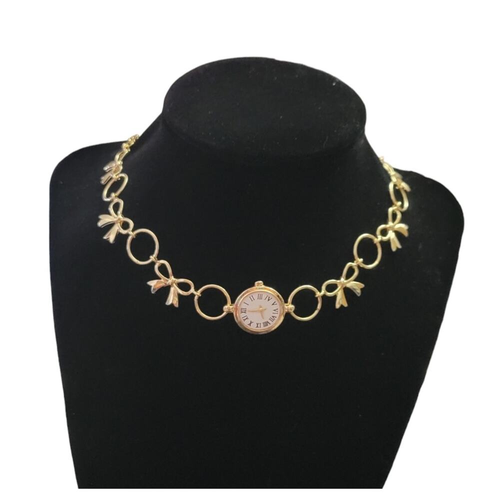 3 piece coquette gold tone layered necklace set, watch, bow, & heart charms - Picture 2 of 3